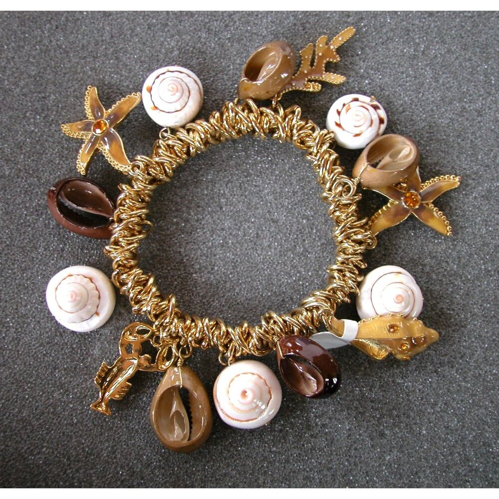 Shell & Gold-Tone Charm Bracelet Starfish & Lobster Accents Size 6.5